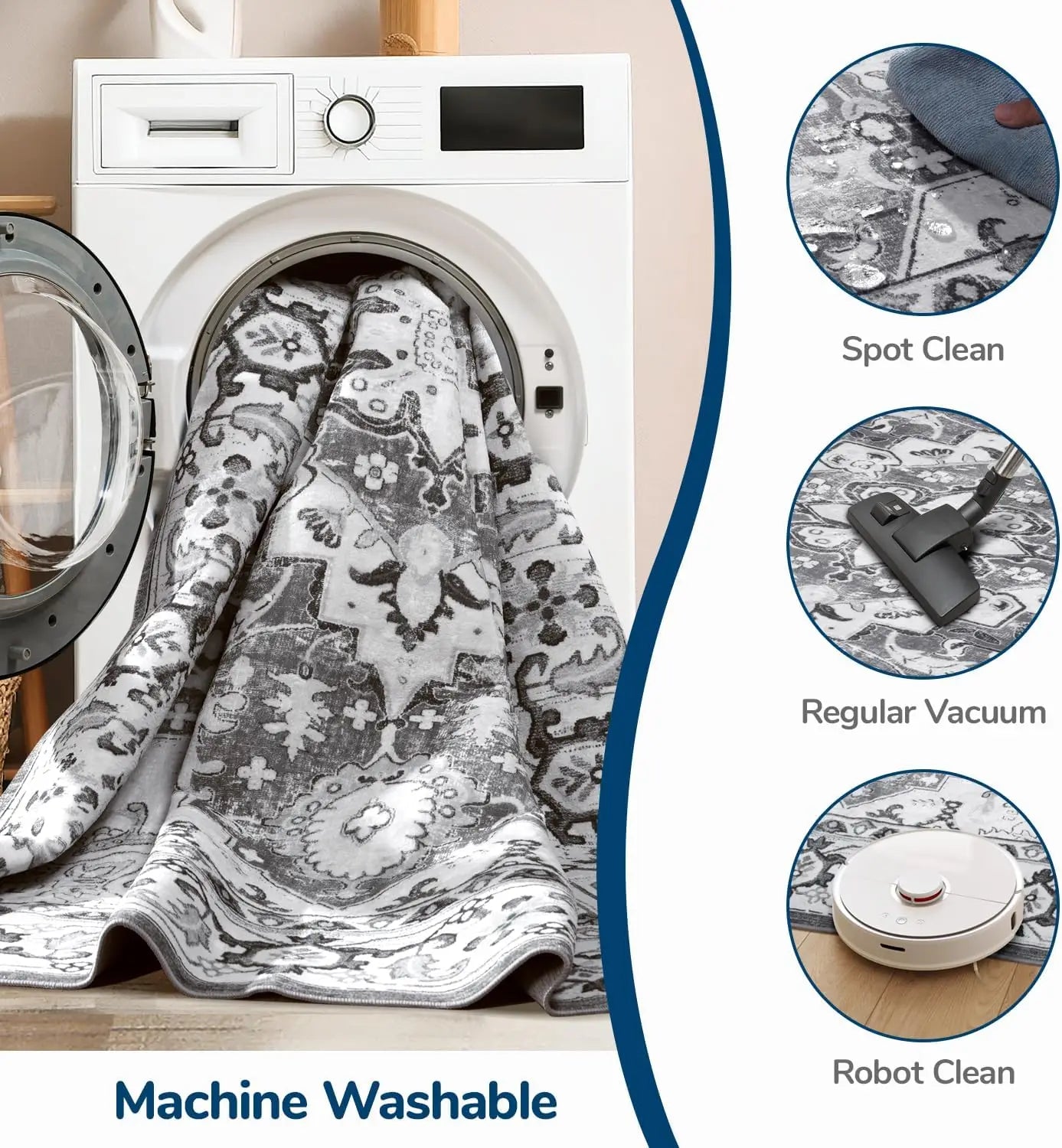 Boho Floral Vintage Wool Area Rug Non Slip Machine Washable