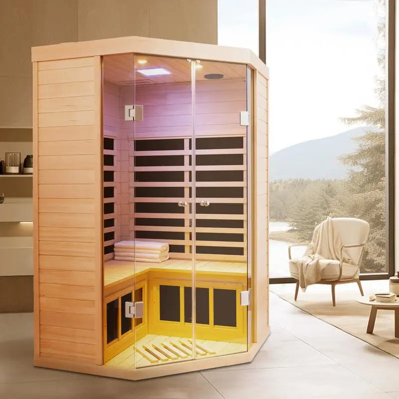 Two Person Far Infrared Corner Deluxe Hemlock Glass Front Sauna