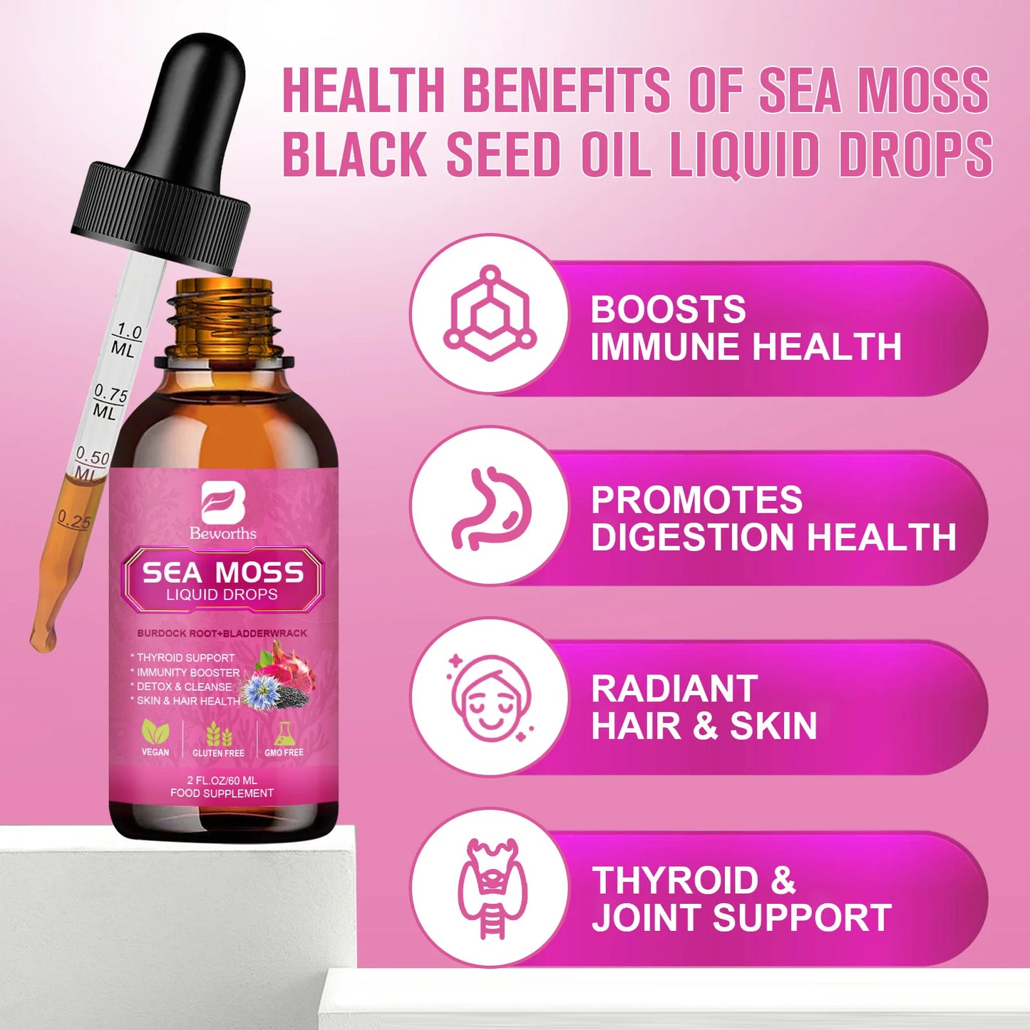 Beworths Seamoss Liquid Drops Black Seed Oil Burdock Root