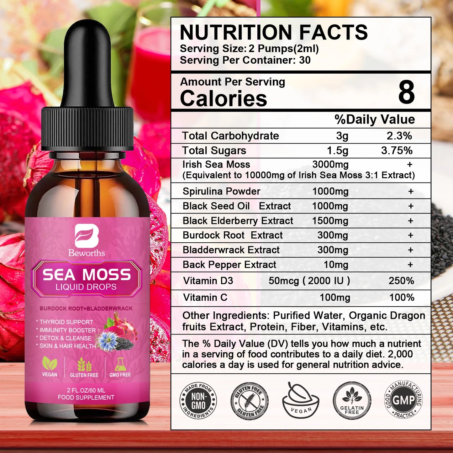 Beworths Seamoss Liquid Drops Black Seed Oil Burdock Root