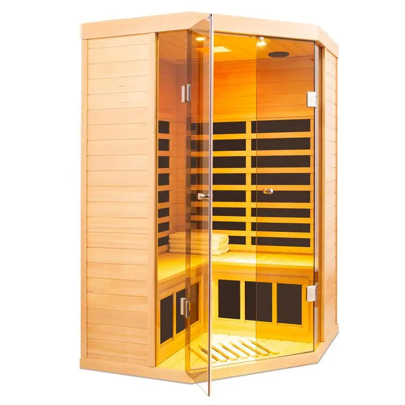 Two Person Far Infrared Corner Deluxe Hemlock Glass Front Sauna