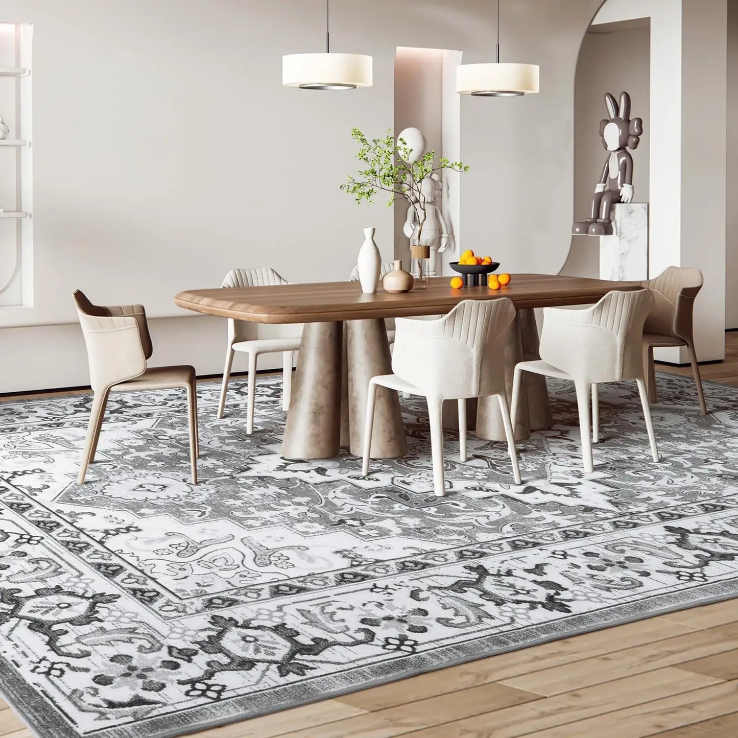 Boho Floral Vintage Wool Area Rug Non Slip Machine Washable