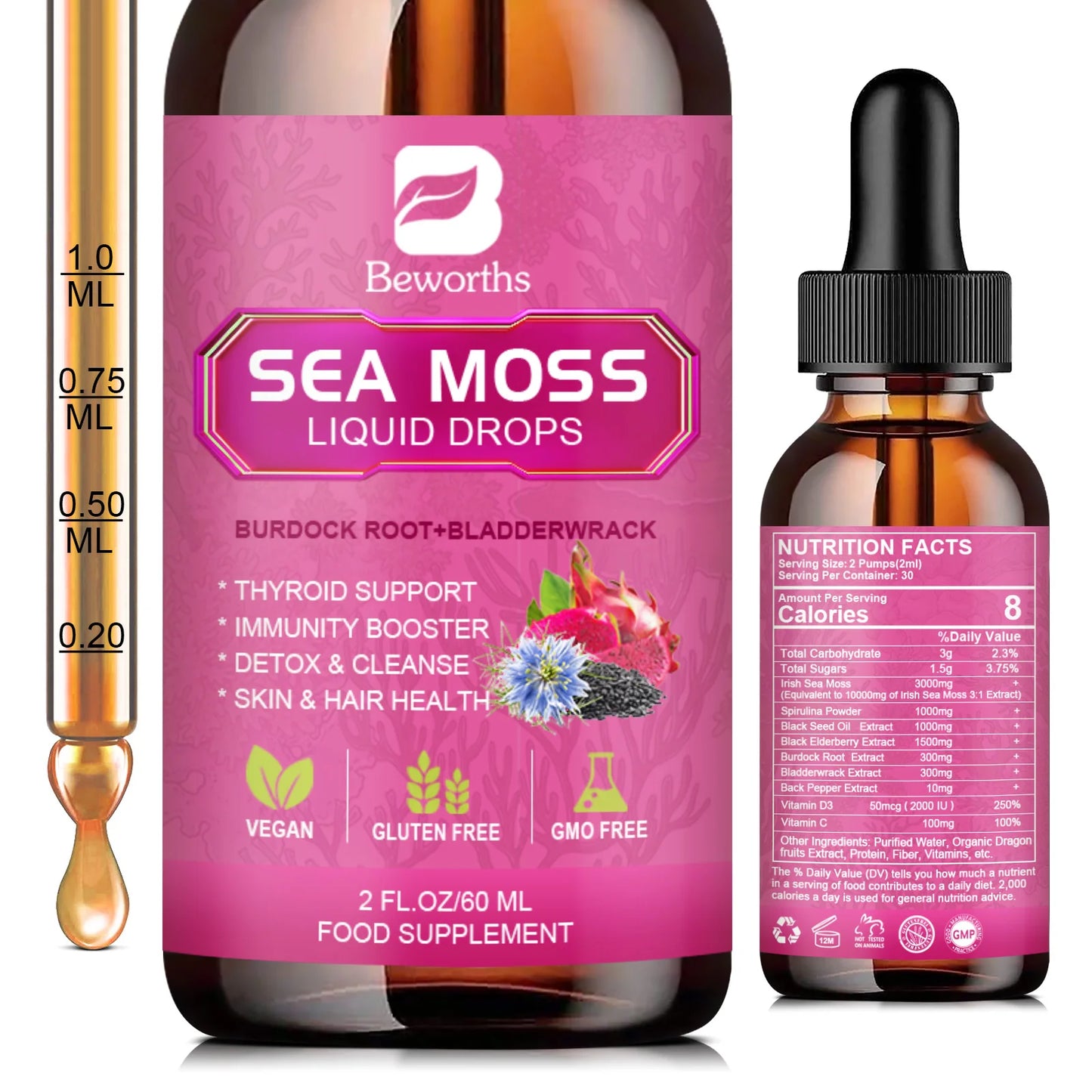 Beworths Seamoss Liquid Drops Black Seed Oil Burdock Root