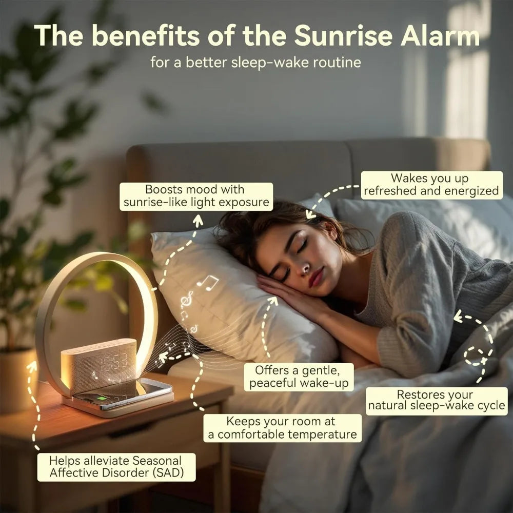 Sunrise Alarm Clock with Wireless Charger, White Noise Sound Machine, Timer & Night Light for Heavy Sleepers