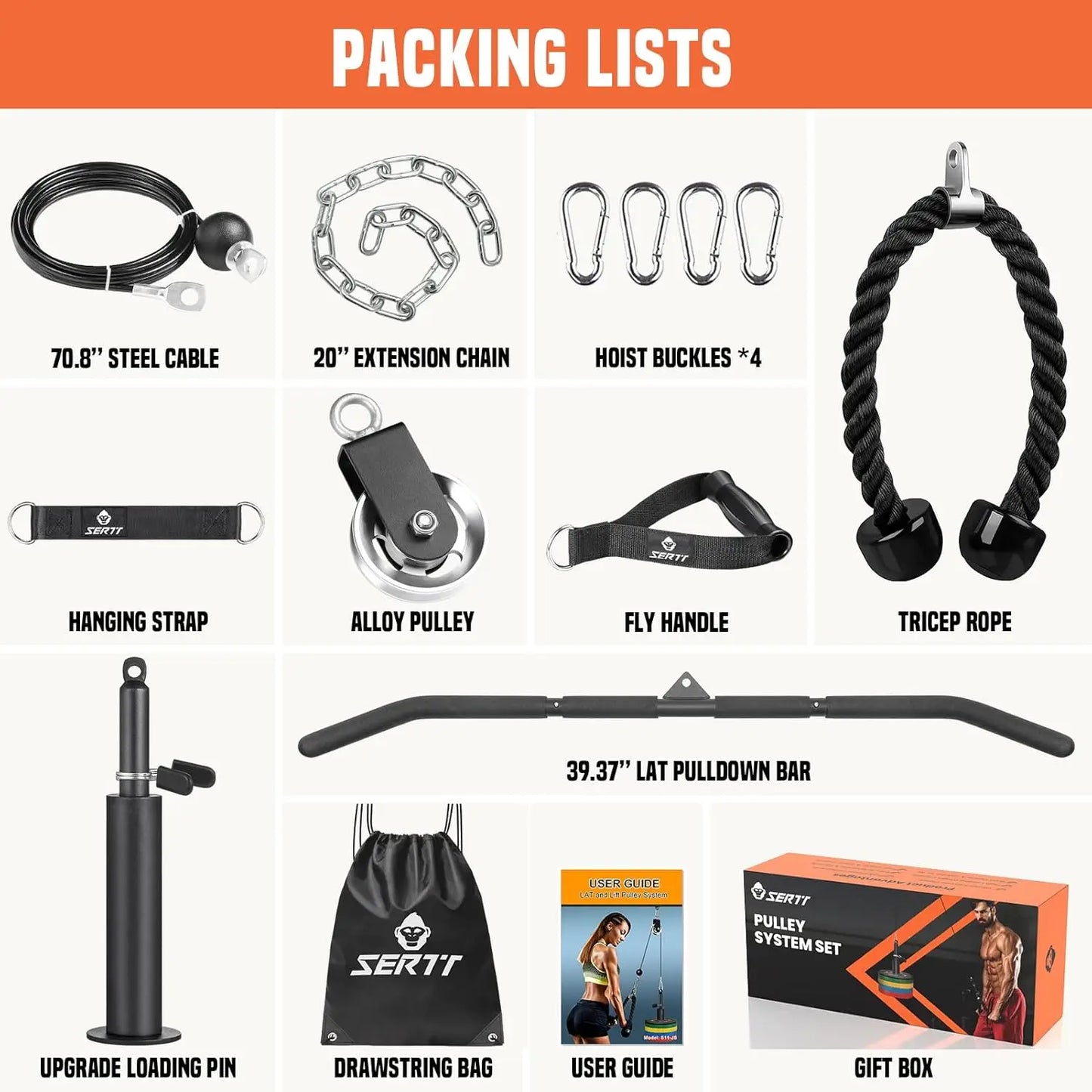 Cable Pulley System for Home Gym with 2-in-1 Lat Bar and Loading Pin, Ideal for Triceps, Biceps, Back Workouts