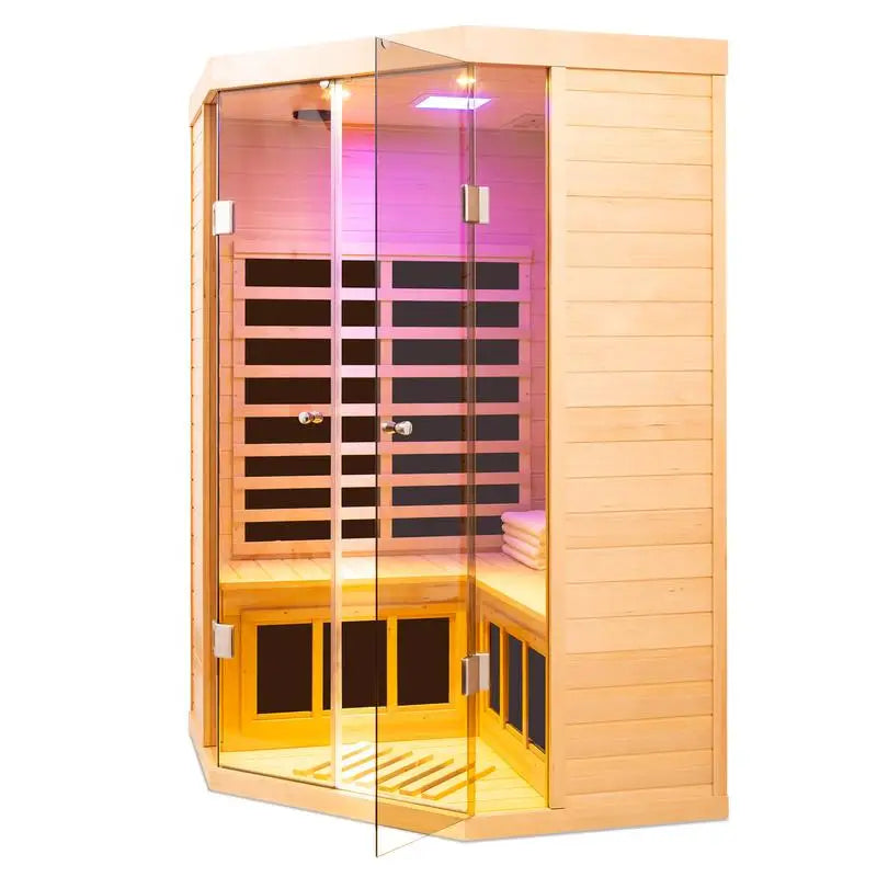 Two Person Far Infrared Corner Deluxe Hemlock Glass Front Sauna