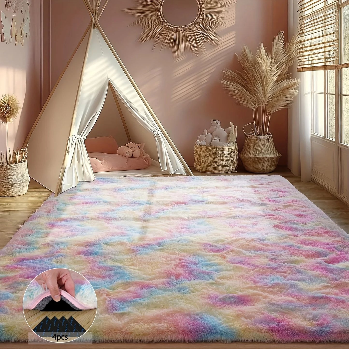 NONEDesign Shaggy Tie Dye Rainbow Rug For Living Room