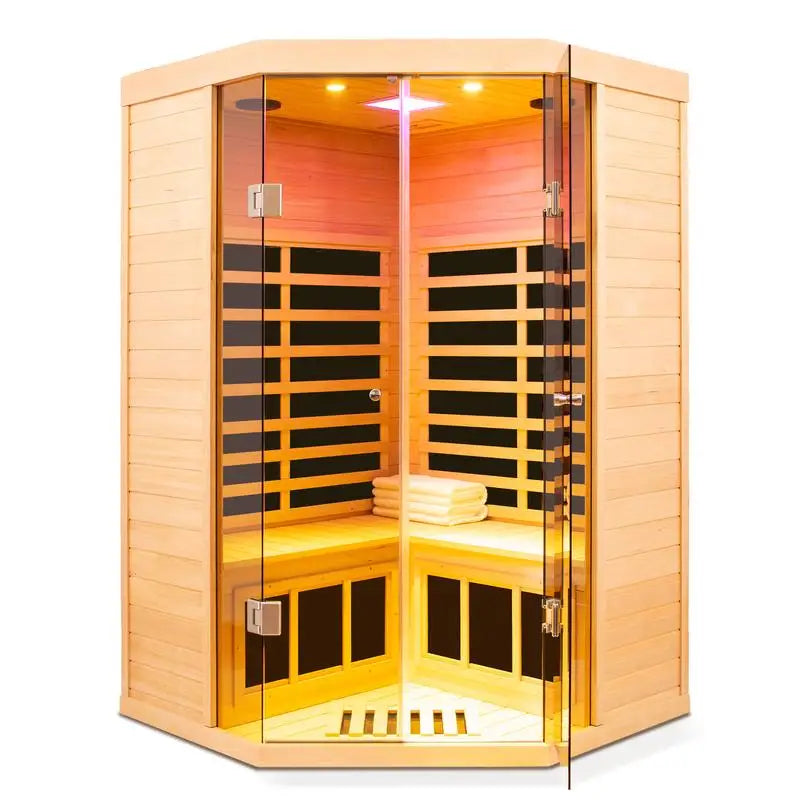 Two Person Far Infrared Corner Deluxe Hemlock Glass Front Sauna