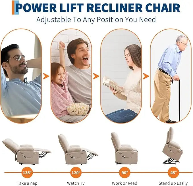 Power Lift Recliner Chair With 45 Degree Stand And Massage