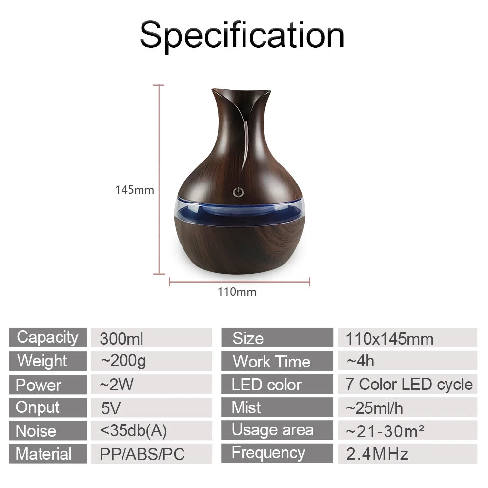 Mini USB Diffuser with 7-Colors LED night light Aromatherapy Air Humidifier 300ml Cool Mist Maker for home bedroom
