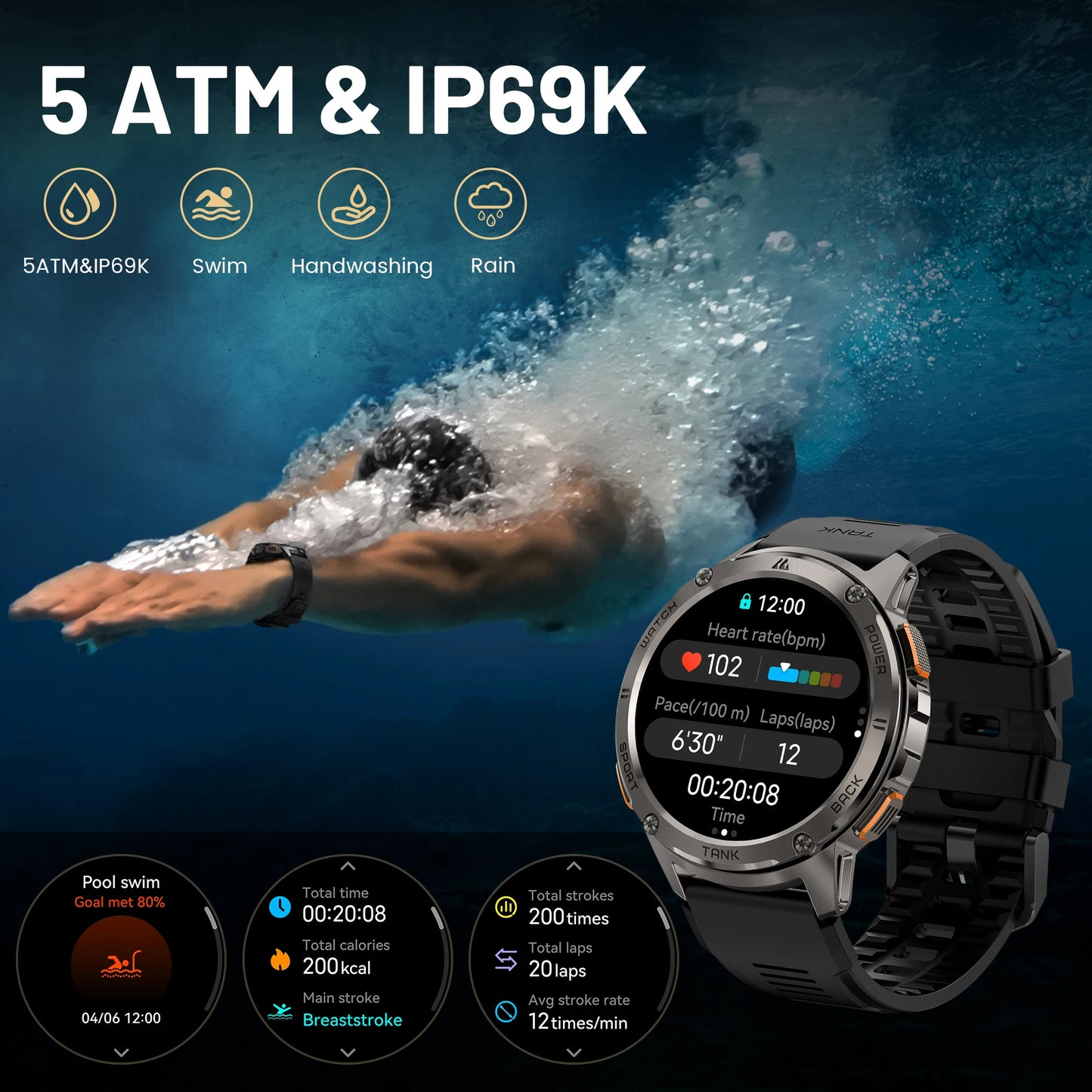 KOSPET Tank T3 Smartwatch Military Fitness AMOLED Bluetooth