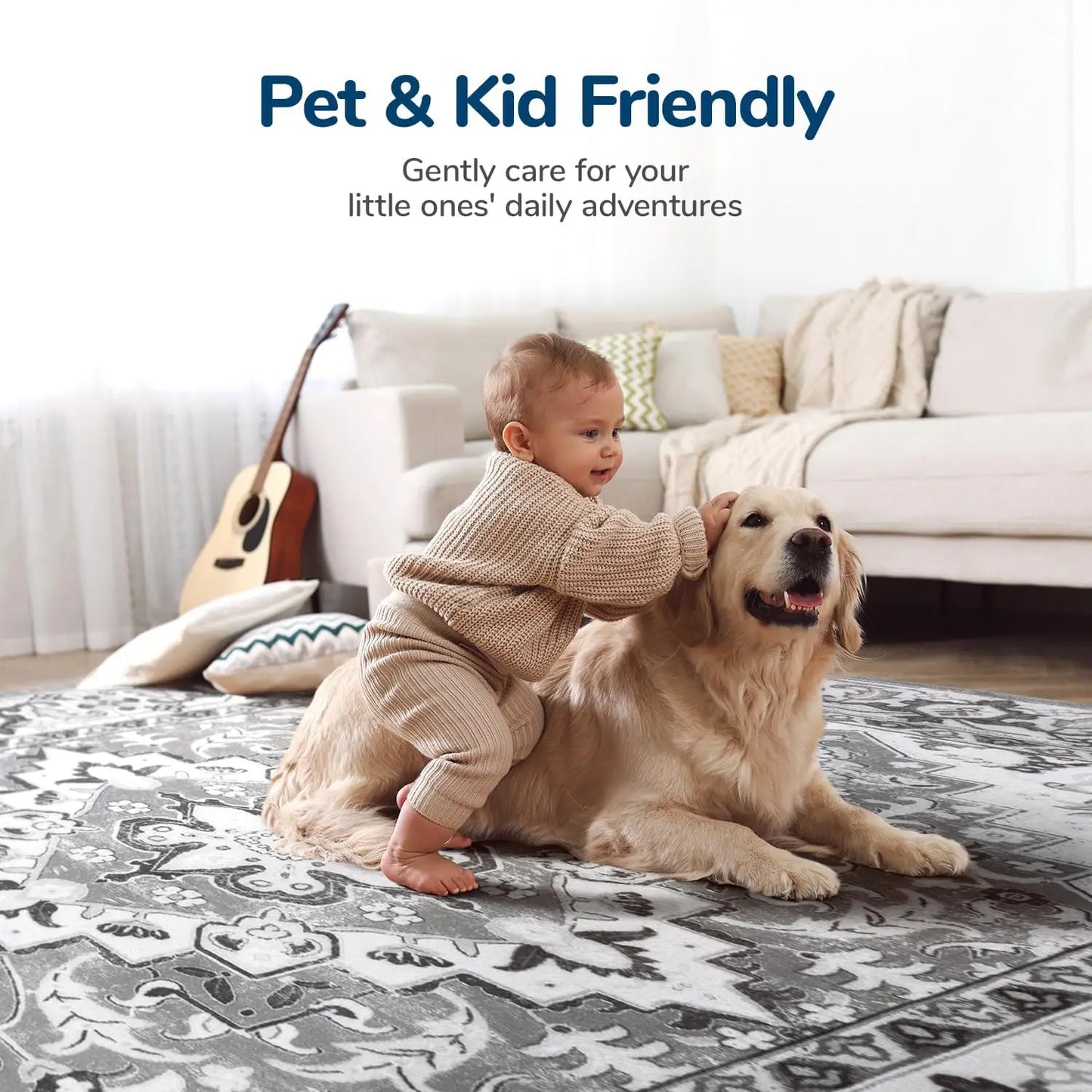 Boho Floral Vintage Wool Area Rug Non Slip Machine Washable