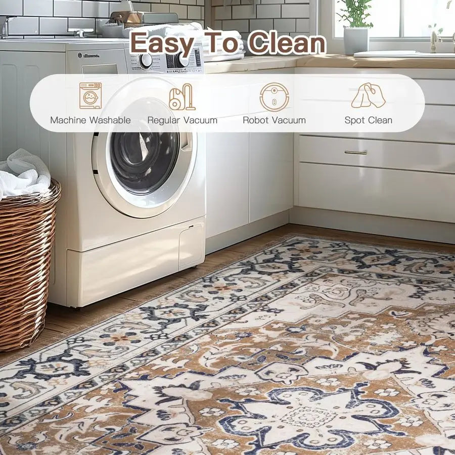 Boho Vintage Area Rug Washable Non Slip Low Pile For Living Room