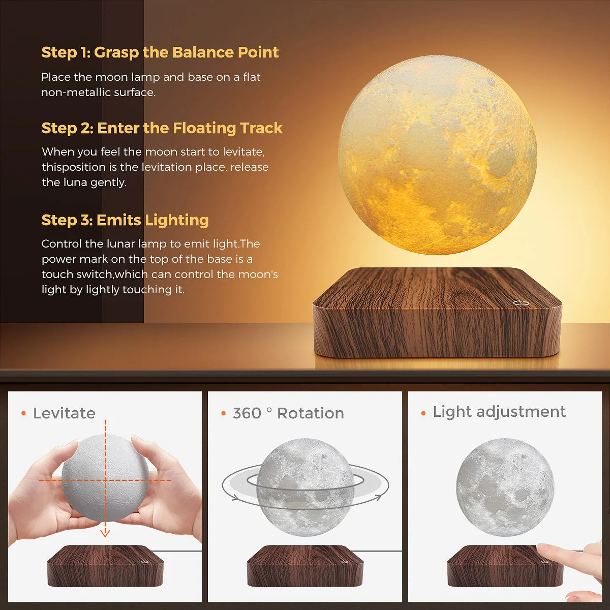 Mexllex Magnetic Floating Moon Lamp with Wooden Base