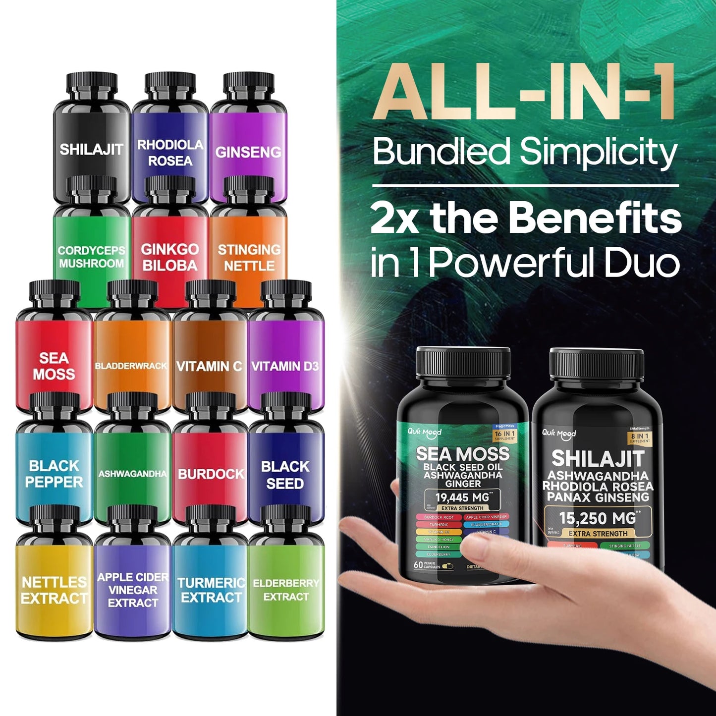 Bundle Sea Moss and shilajit |High Potency Vitality Combo - Ashwagandha Turmeric Bladder, Burdock 2000 Mg  & Ginger, Vitamin C