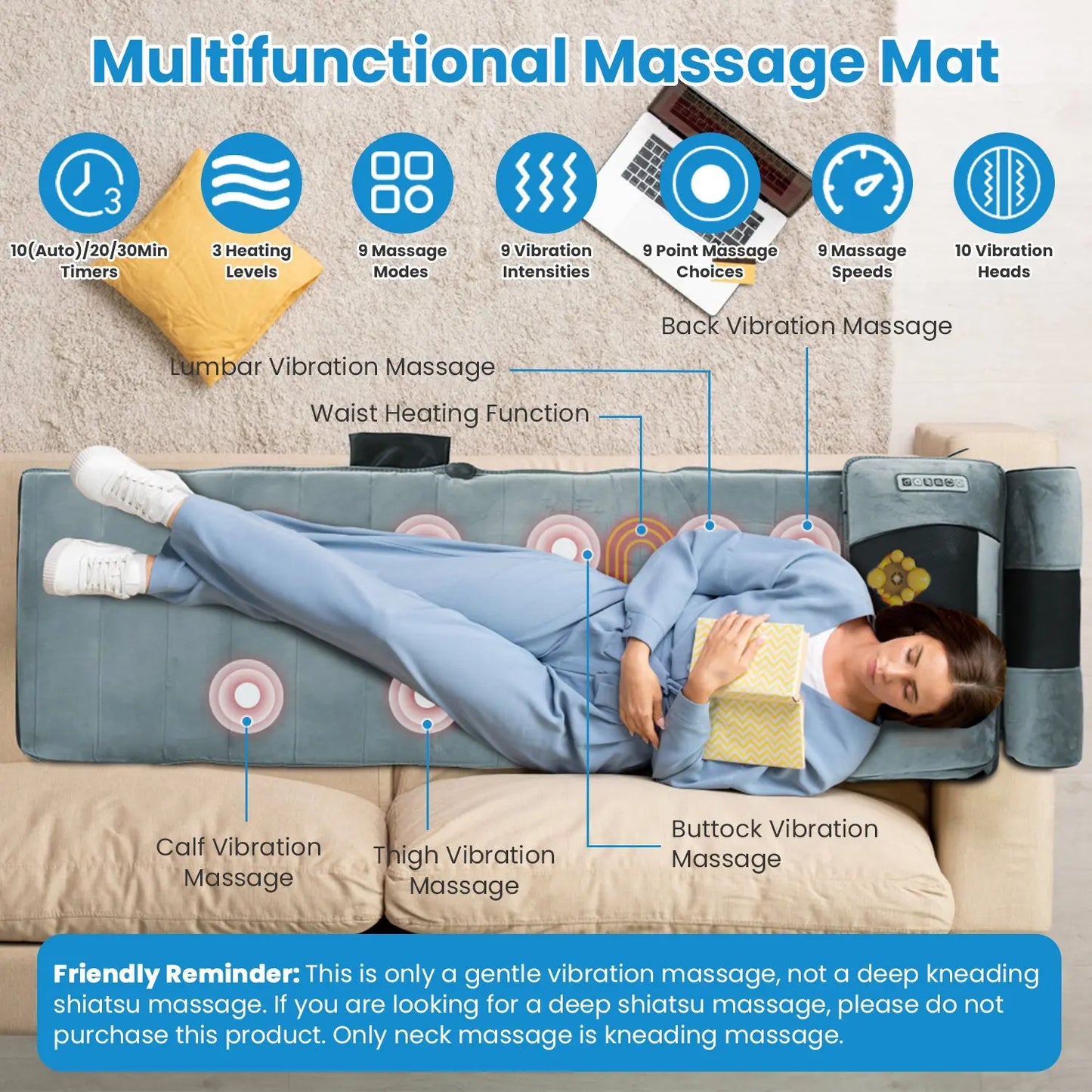 Foldable Electric Massage Pad With Heat Timer And Vibration