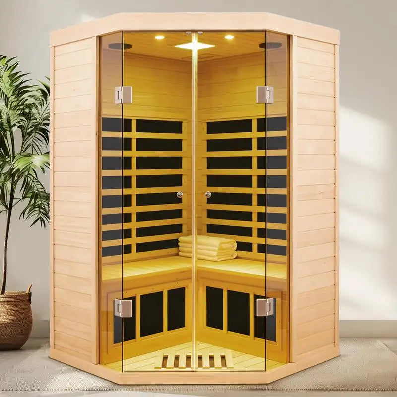 Two Person Far Infrared Corner Deluxe Hemlock Glass Front Sauna